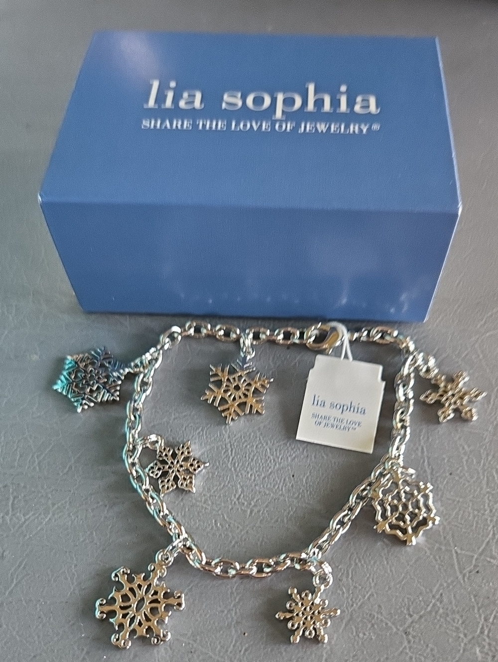 Lia Sophia Silver Snowflake Charm Chain Bracelet with Blue Box